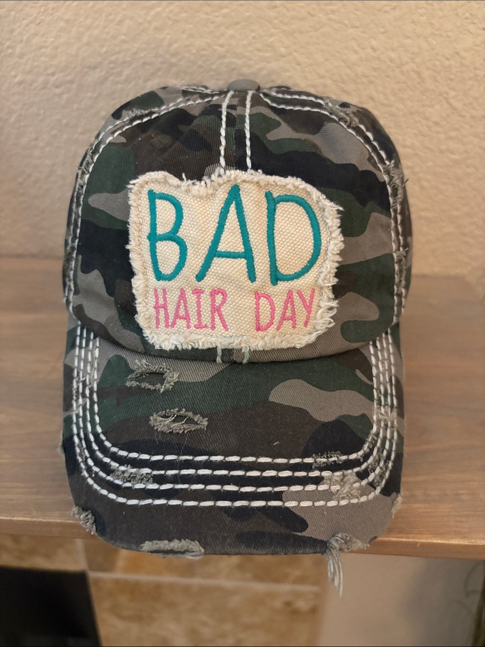 KBETHOS Vintage Olive Green Camo Baseball Cap. “Bad Hair Day” patch.